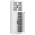 Meuble de salle de bain haut 6 niveaux, meuble de rangement avec 4 portes dont 2 vitrées et étagères réglables, blanc-0