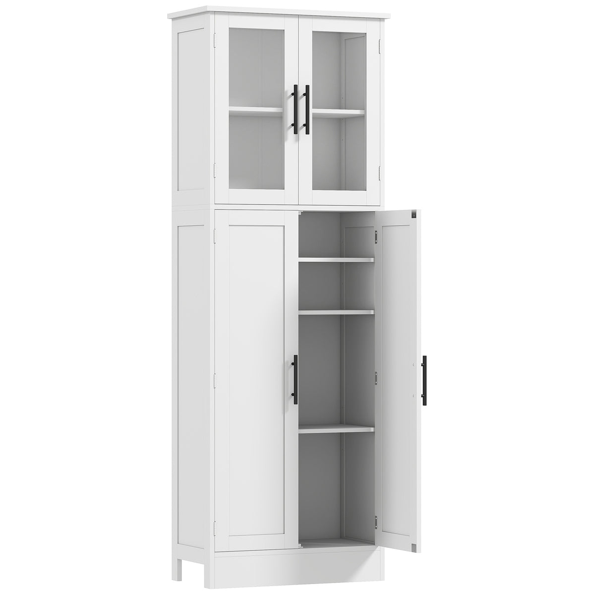 Meuble de salle de bain haut 6 niveaux, meuble de rangement avec 4 portes dont 2 vitrées et étagères réglables, blanc-0