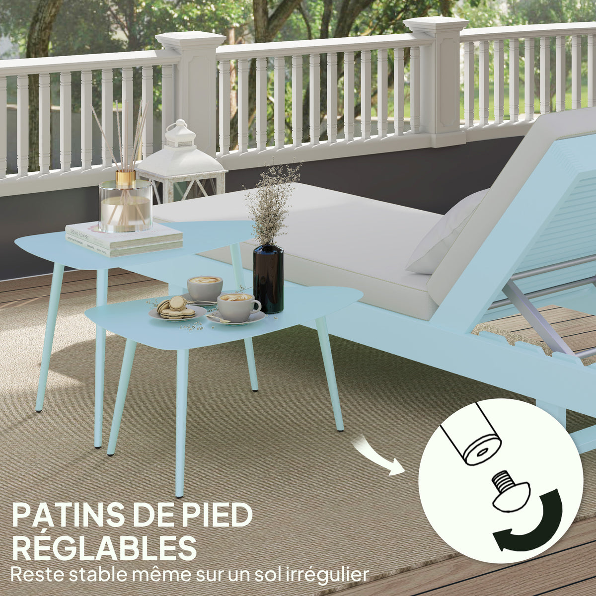 Lot de 2 tables basses de jardin, tables d'appoint gigognes triangulaires, cadre en acier patins ajustables bleu clair-5