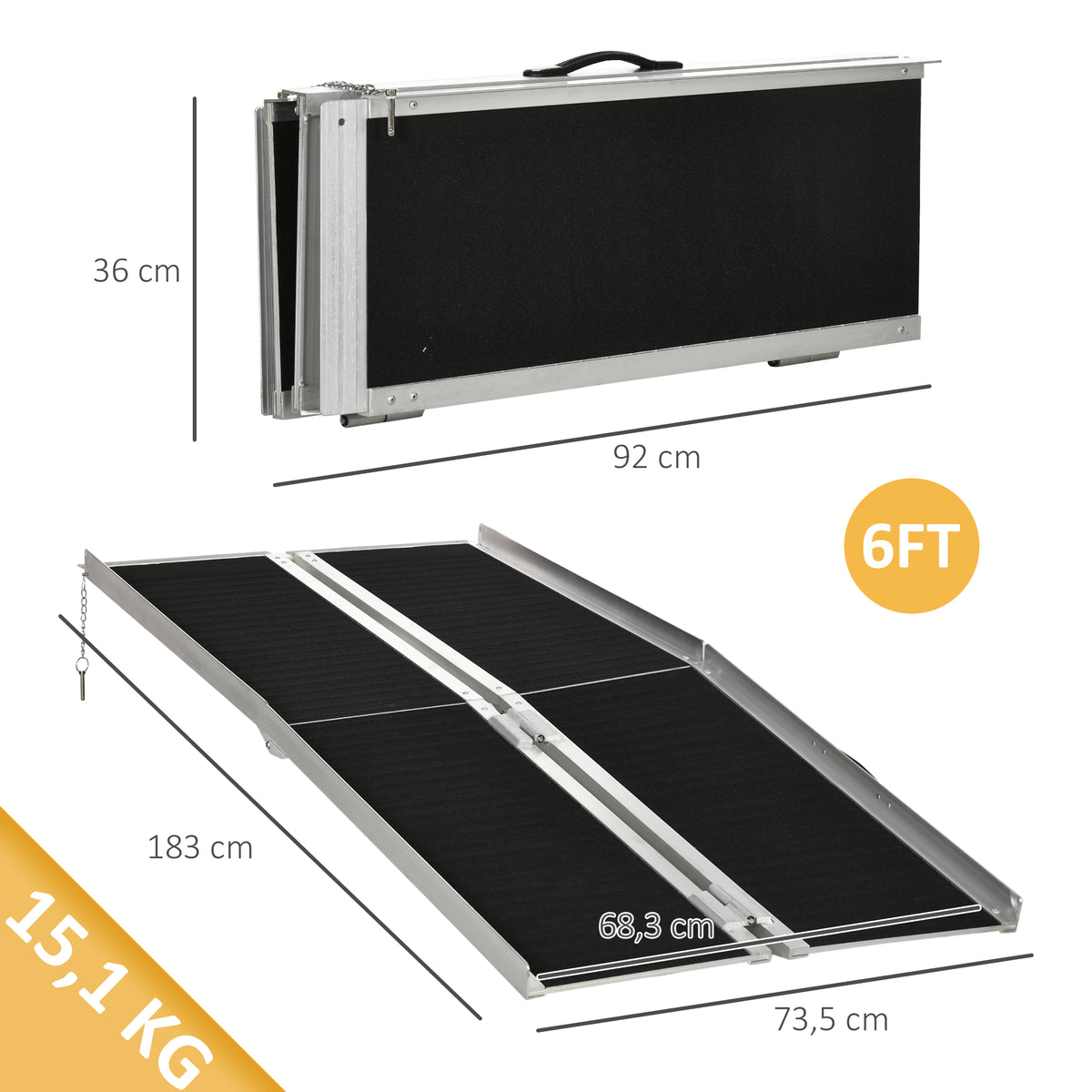 Rampe de fauteuil roulant pliable, rampe de chargement sablage 183x73,5 cm en alliage d'aluminium, antidérapante, bordures de sécurité, charge max. 270 kg, noir-2