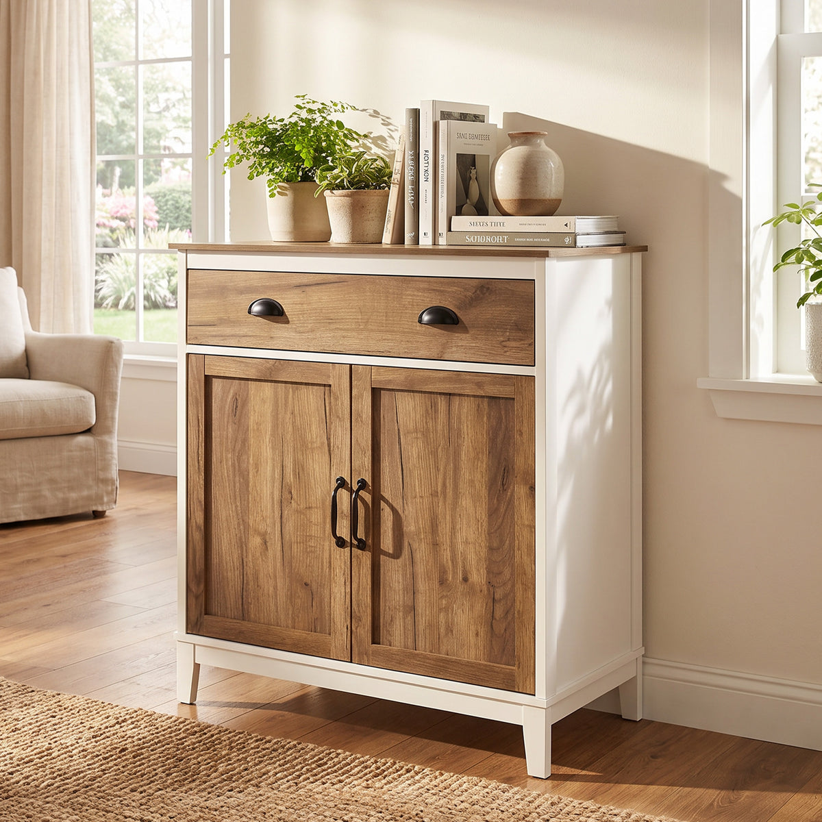Buffet Salon, Meuble de Rangement avec 2 Portes, Tiroir, Étagère Réglable, 78,5 x 39 x 89,4 cm, Blanc et Chêne-8