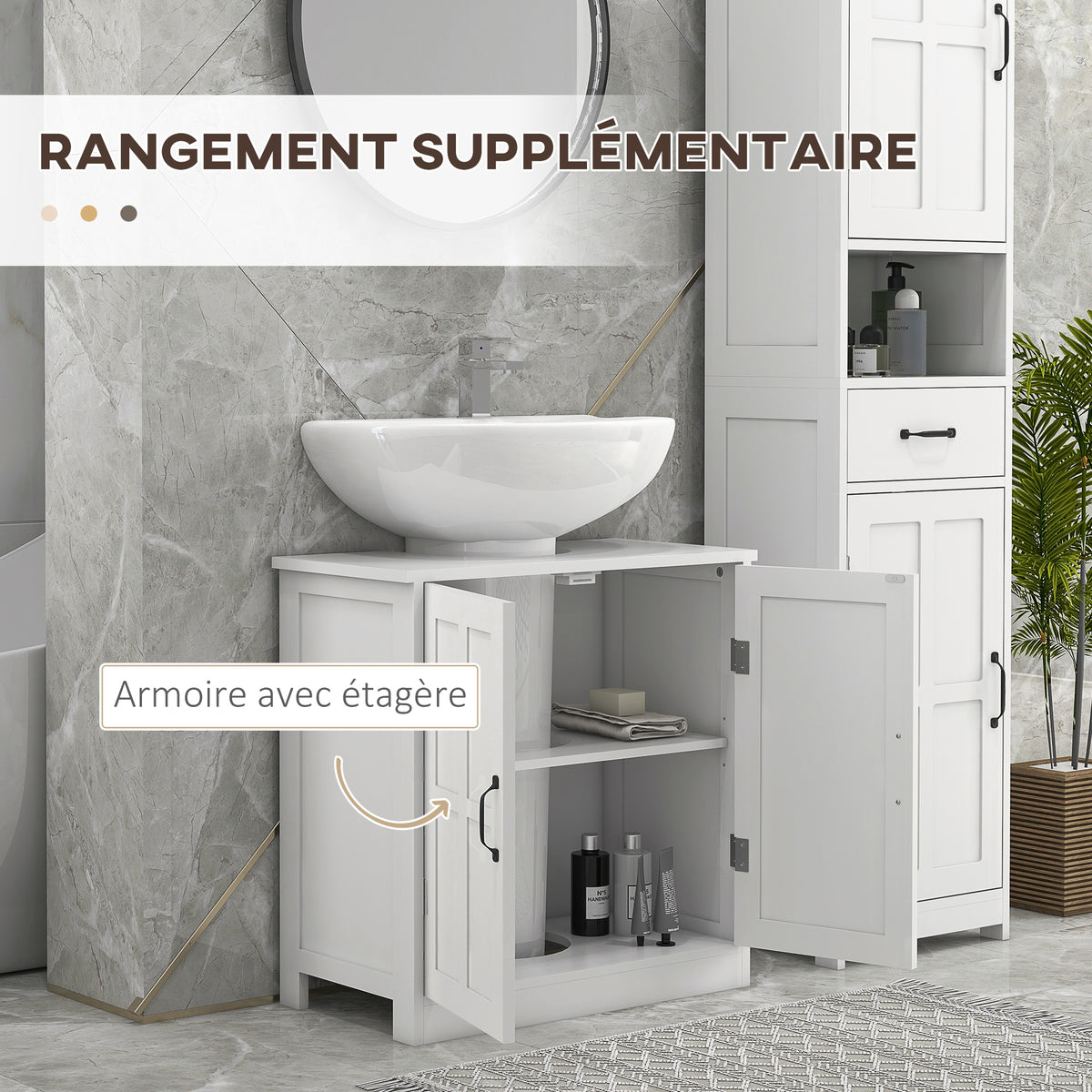 Meuble sous lavabo salle de bain meuble sous vasque avec double porte et étagère réglable, 60x30x60cm, blanc-4