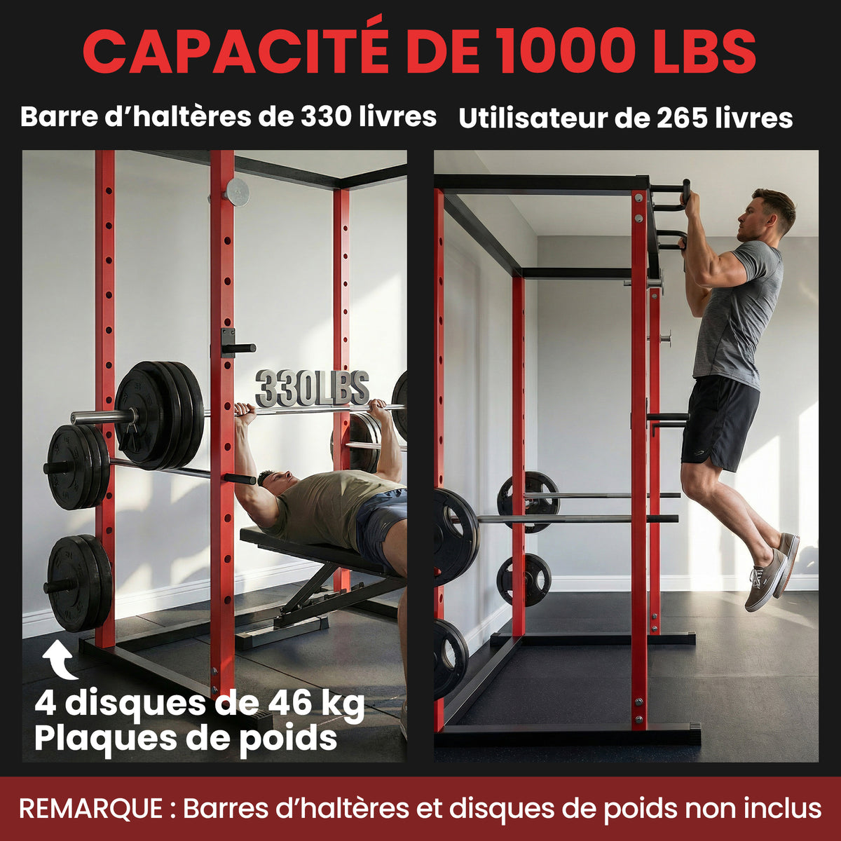 Station de Musculation Multifonction Acier Charge 460 kg, Barre de Traction, Rack de Squat, Dips, 160x112x215cm, Rouge-4