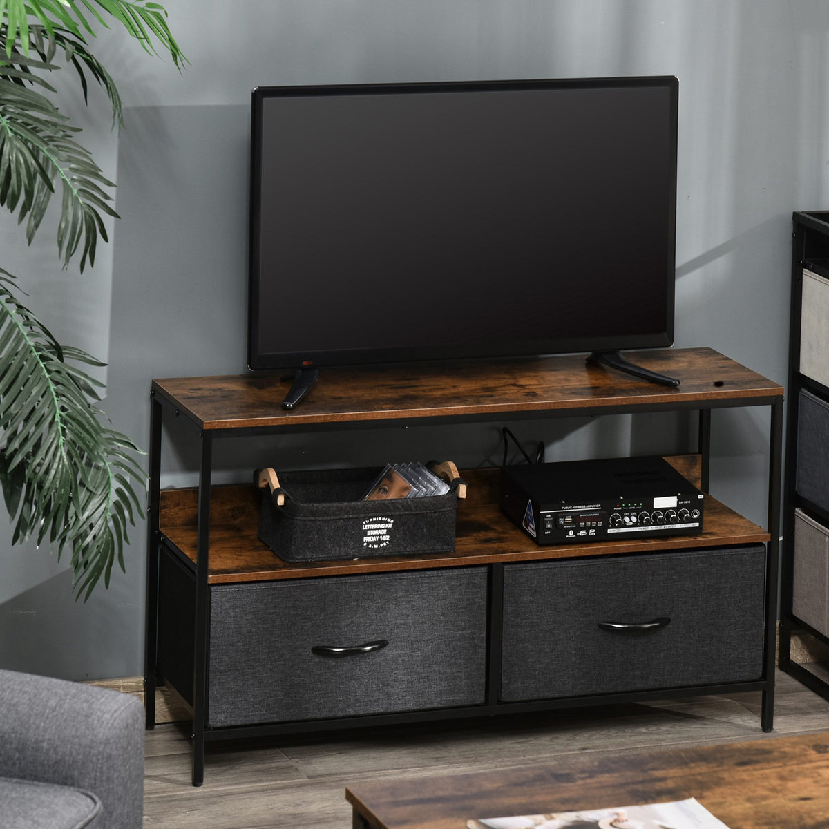 Meuble TV Bas sur Pieds Style Industriel 2 tiroirs en Tissu Gris MDF Brun Rustique et métal Noir-9