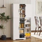 Buffet haut cuisine, armoire de cuisine, 4 portes, 10 niches, 8 porte-épices et étagères réglables, 60x35x162cm, blanc-9