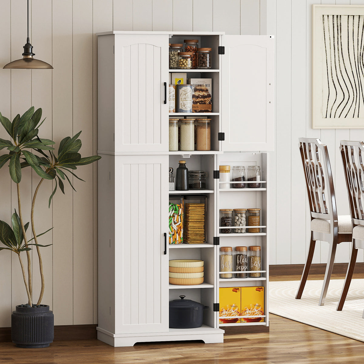 Buffet haut cuisine, armoire de cuisine, 4 portes, 10 niches, 8 porte-épices et étagères réglables, 60x35x162cm, blanc-9