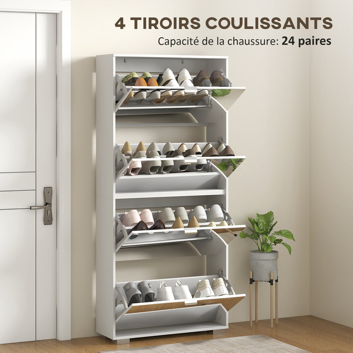 Meuble à chaussures 2 en 1 façades miroir 4 portes abattants, étagères réglables, jusqu'à 24 paires, 76l x 26P x 168H cm-4