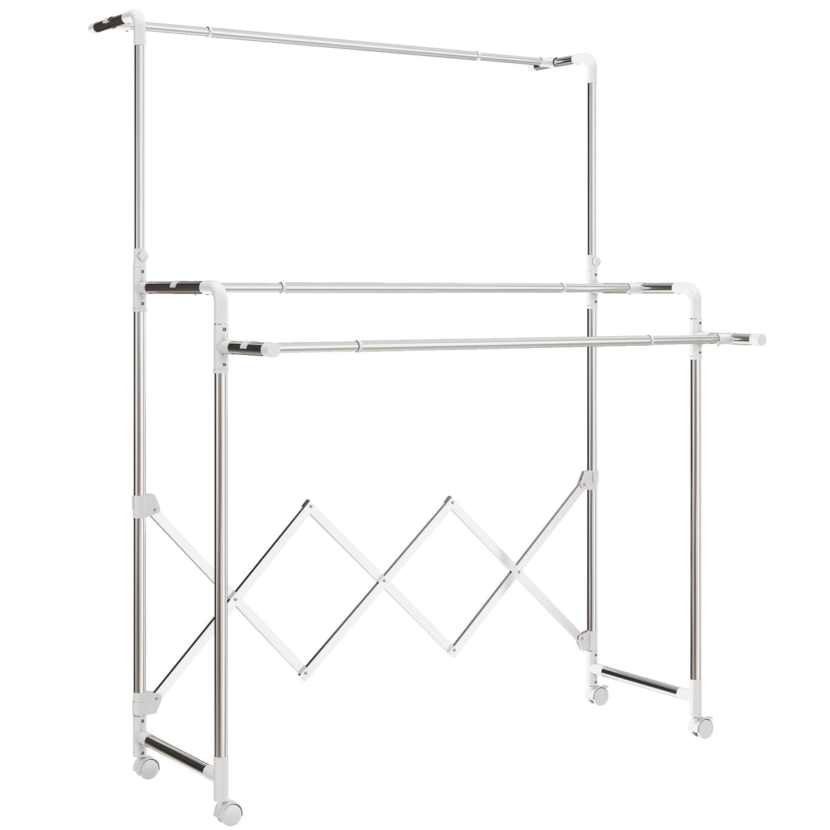 Séchoir à linge pliable étendoir linge intérieur à 3 barres réglables et 4 roulettes 104-150 x 103 x 145-197 cm argent-0