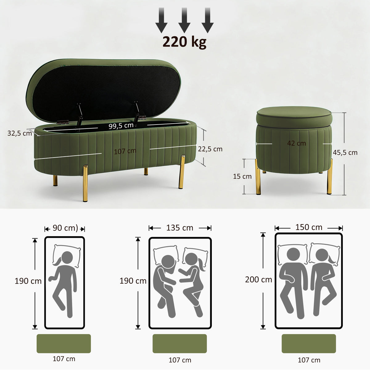 Banc de rangement, bout de lit en velours avec couvercle, pieds en métal, capacité 72 L, 107x42x45,5cm, vert foncé-2