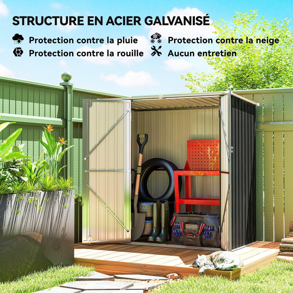 Abri de Jardin en Métal 1,37m², Toit Incliné, 2 Portes Verrouillables, Gants, Anti-UV, 163x89x163cm, Gris Foncé-3