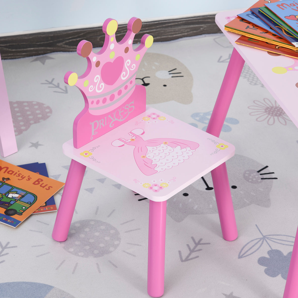 Ensemble table et 2 chaises enfant 3 pièces, pieds en bois massif, table avec chaise motif couronne, pour filles et garçons de 2 à 4 ans, rose-8