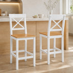 Lot de 2 tabourets de bar, chaises hautes campagne, dossier haut et repose-pieds, 41x46x97,5cm, blanc et bois naturel-9