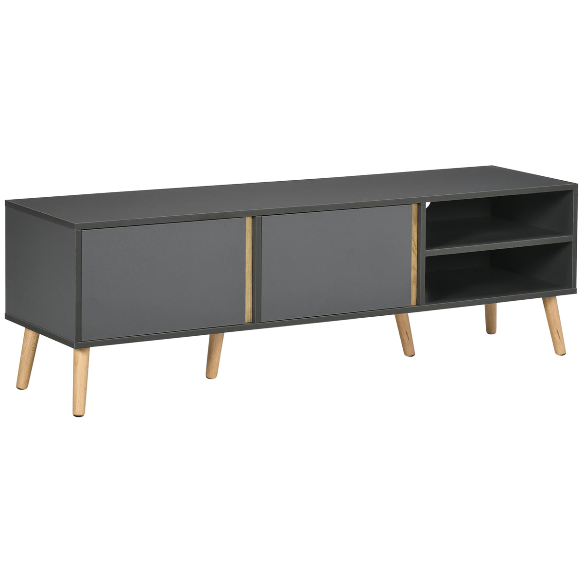 Meuble TV pour télévision jusqu'à 55 pouces scandinave 2 portes 2 niches avec passe-câbles 150 x 35 x 45 cm gris foncé-0