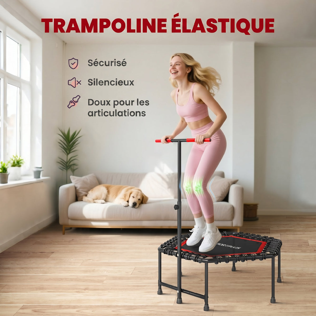 Trampoline de fitness 114 cm, cordes élastiques, poignée réglable 3 positions, trampoline d'exercice silencieux, rouge-4