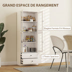 Buffet haut cuisine, armoire de cuisine avec portes vitrées, tiroirs et étagères réglables, 59x30x170cm, blanc brillant-3
