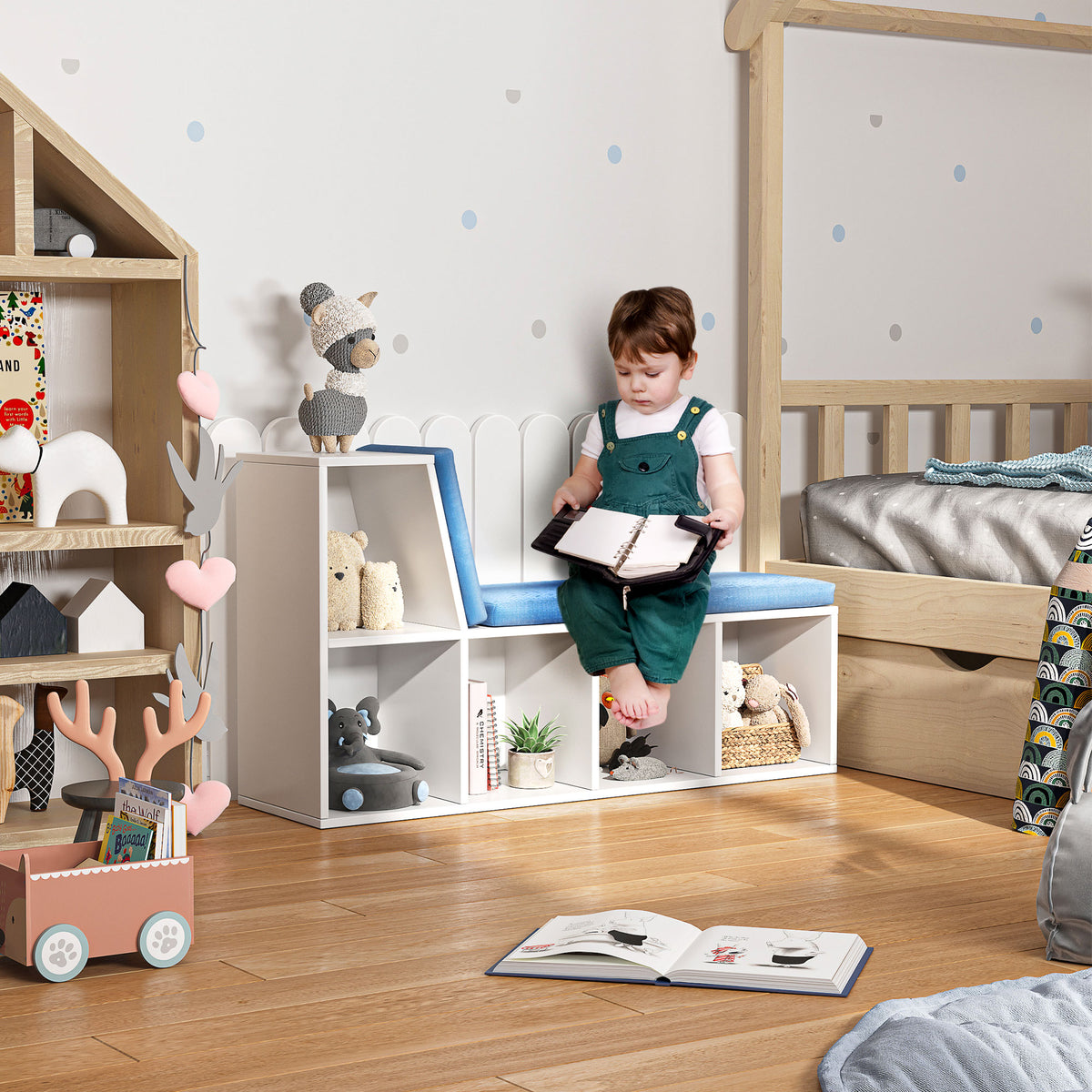 Bibliothèque banc 2 en 1 avec 5 compartiments de rangement et 2 coussins 108 x 30 x 60 cm blanc bleu-7