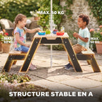Table de pique-nique enfants avec parasol, 3 en 1 salon de jardin en bois pour enfants 3-6 ans avec 2 boîtes, naturel-7