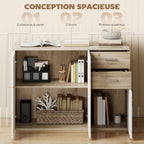 Buffet salon, meuble de rangement avec 2 tiroirs, 3 portes et étagère réglable, 106 x 35 x 76 cm, blanc et bois naturel-3