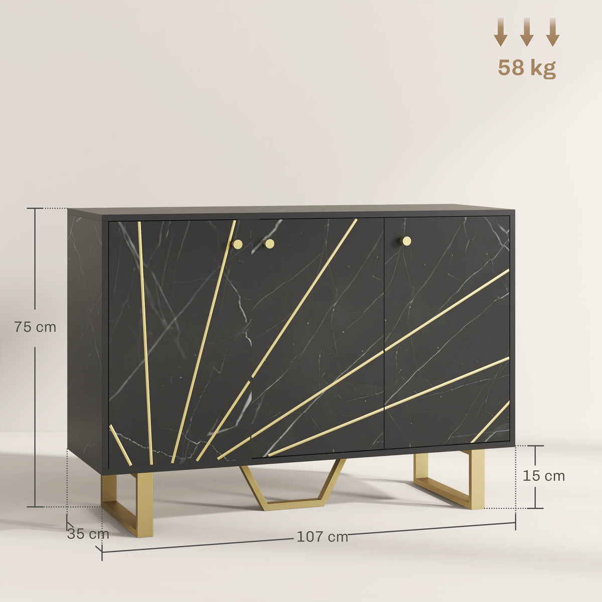 Meuble de rangement buffet salon avec 2 placards 3 portes et étagère réglable, pieds en métal, aspect marbre noir-2
