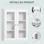 Armoire murale de salle de bain, meuble haut salle de bains avec 2 portes en verre, étagère réglable, 55x20x65cm, blanc-5