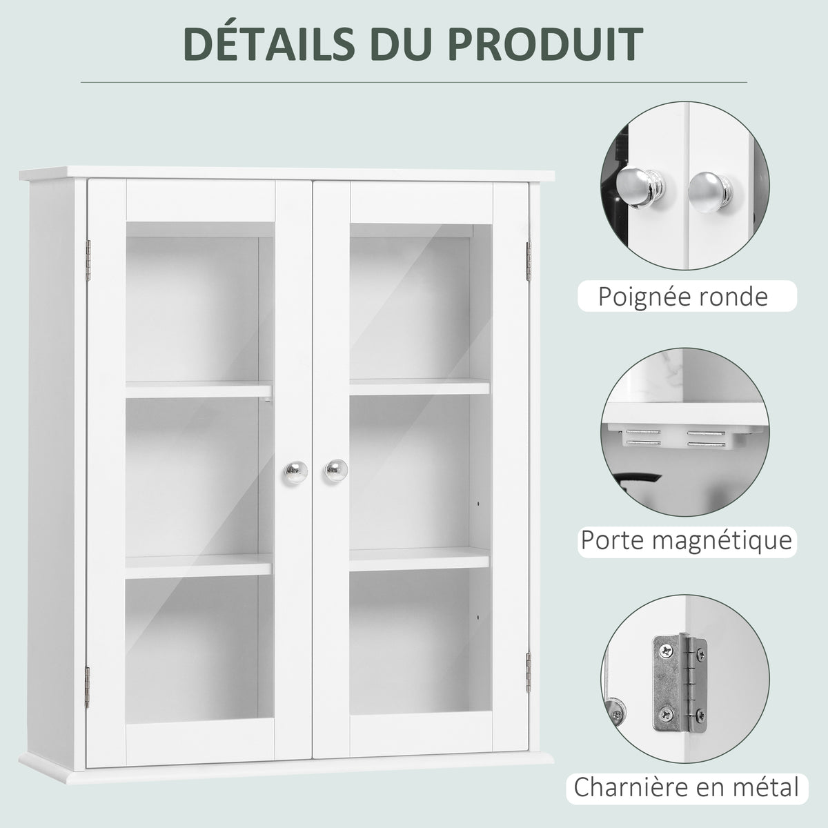 Armoire murale de salle de bain, meuble haut salle de bains avec 2 portes en verre, étagère réglable, 55x20x65cm, blanc-5