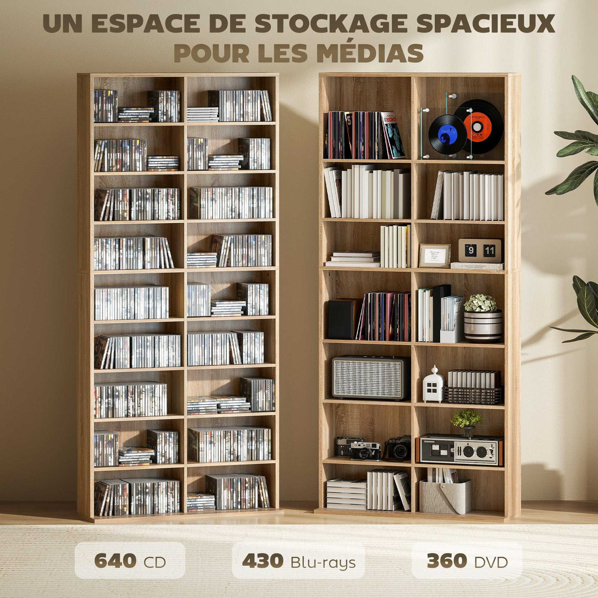Rangements pour CD et DVD 18 compartiments capacité max. 640 CD/360 DVD 430 Blu-ray 78,5 x 24 x 175 cm bois naturel-3