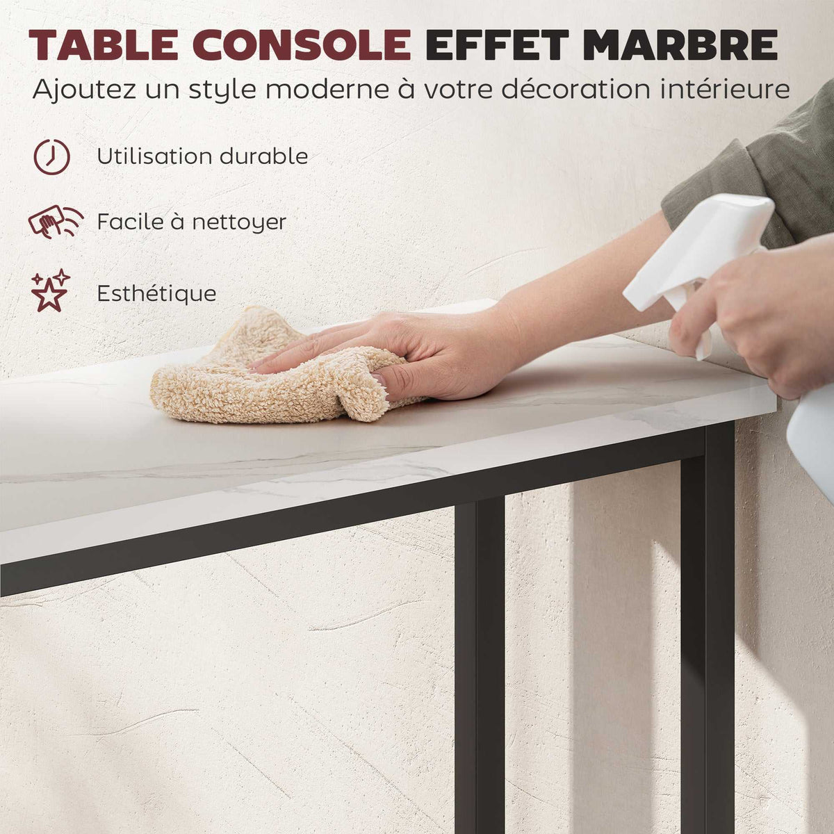 Console meuble 75 cm, table console plateaux en effet marbre, cadre en métal, style moderne blanc et noir-3