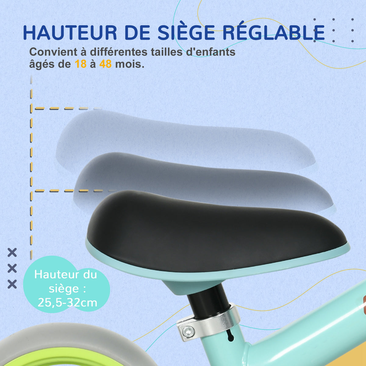 Vélo d'équilibre pour bébé siège réglable roues EVA jouet enfant pour bébé 18-48 mois pour garçons et filles vert-3