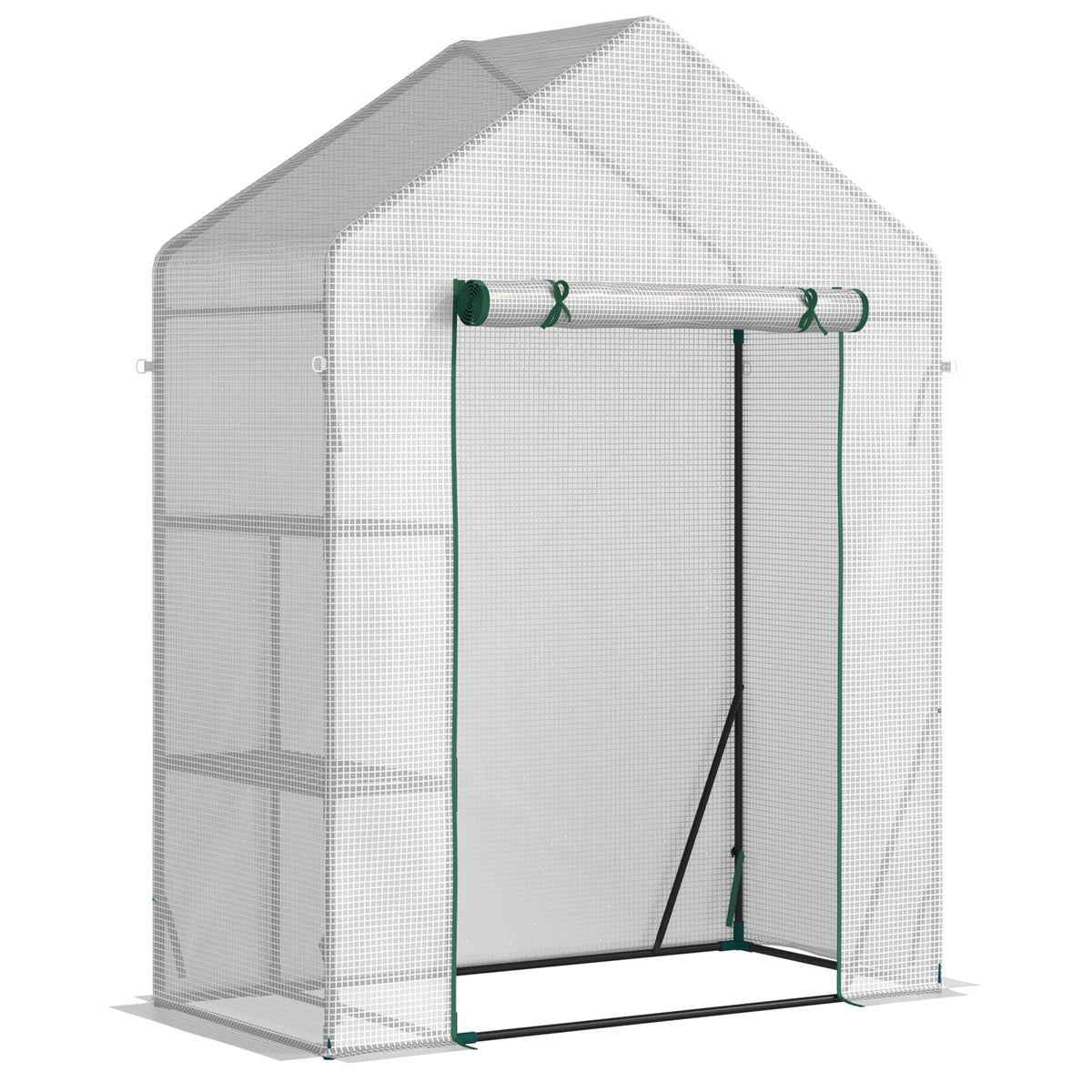 Serre de Jardin PE avec Étagères 2 Niveaux, Bâche Renforcée 140 g/m², Porte Zippée Enroulable, 143x73x195cm, Blanc-0