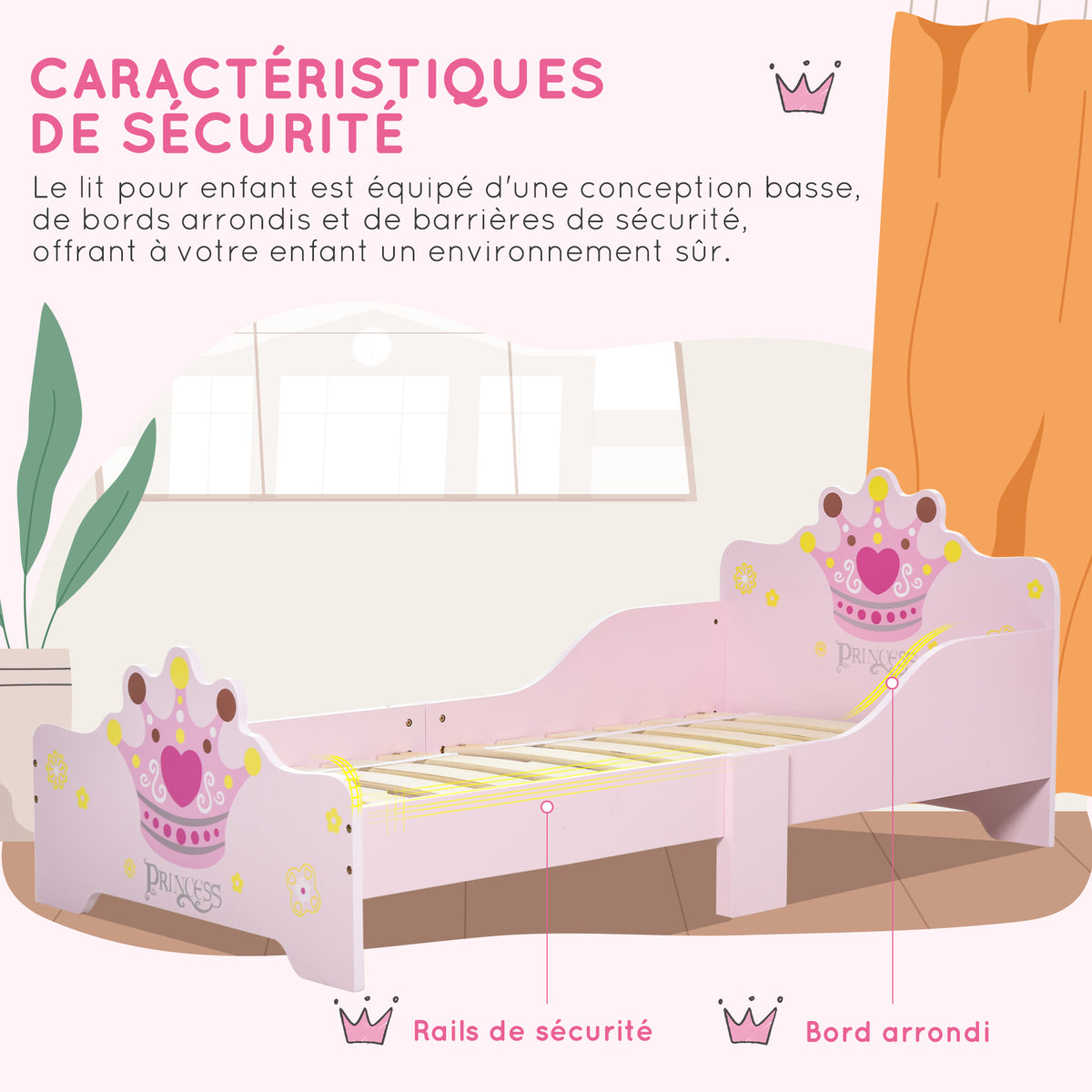 Lit Enfant et Ensemble table et chaises enfant - Design Princesse Motif Couronne - sommier à Lattes Inclus - Rose-4