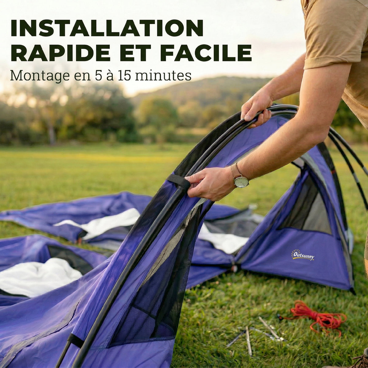 Tente de Camping pour 4 Personnes, 2 Chambres, Imperméable 3000mm, avec Tapis de Sol et Sac, 420x300x200cm, Bleu Foncé-5