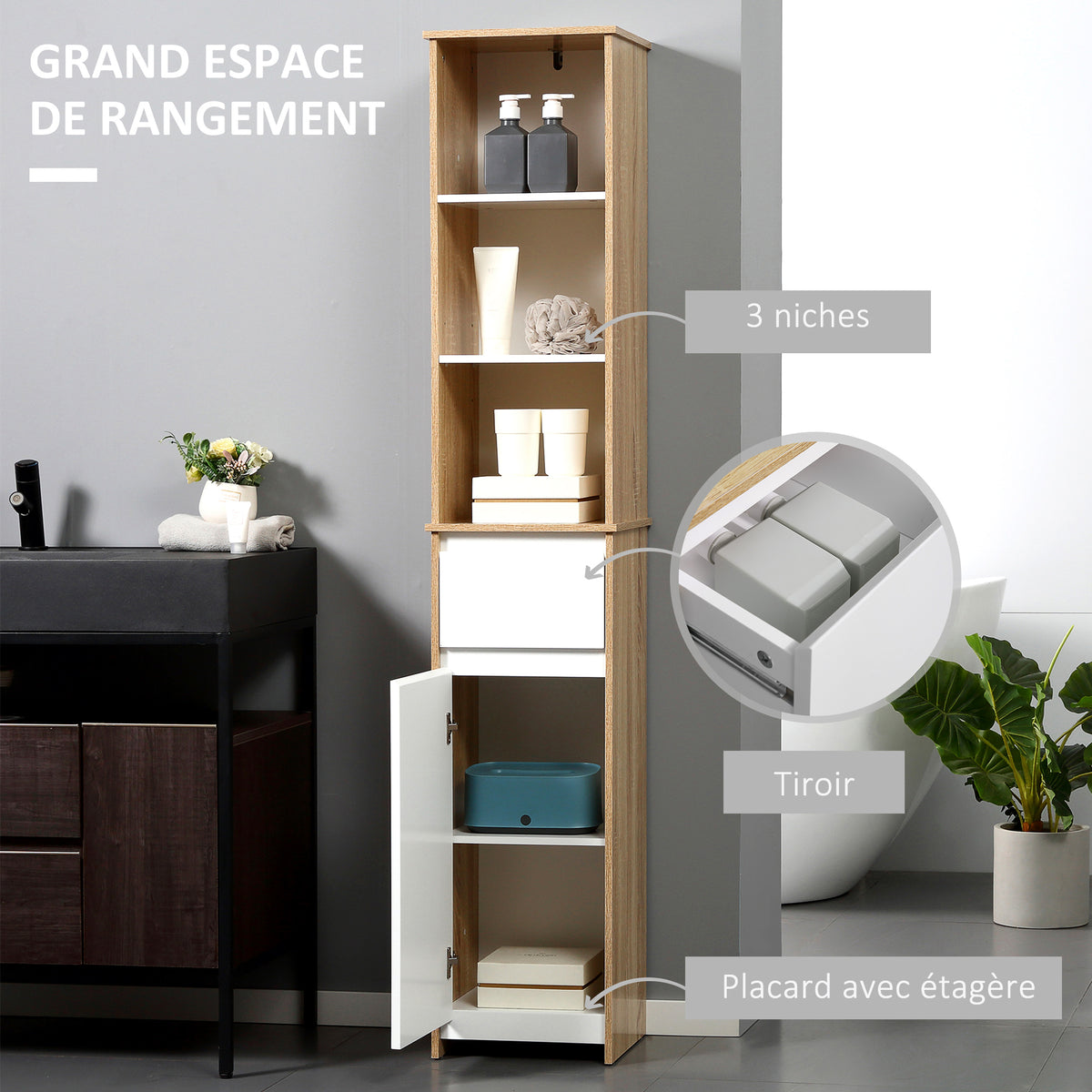 Meuble Colonne Rangement Salle de Bain Style Cosy 3 niches tiroir Placard avec étagère Blanc Aspect chêne Clair-4