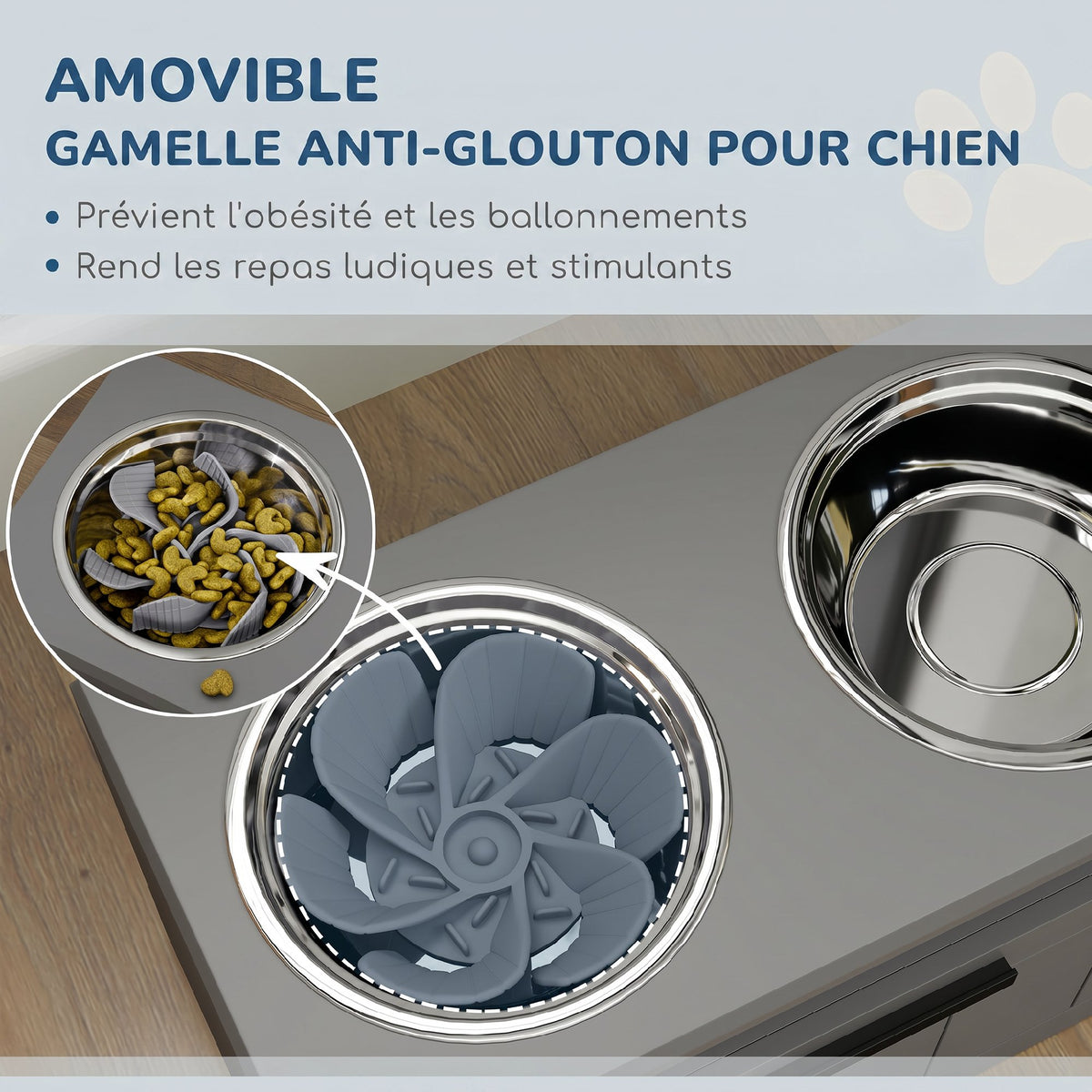 Gamelle Chien Surélevée avec Bols Anti-Glouton & Eau en Acier Inoxydable, Tiroir de Rangement, 60x30x35cm, Gris-3