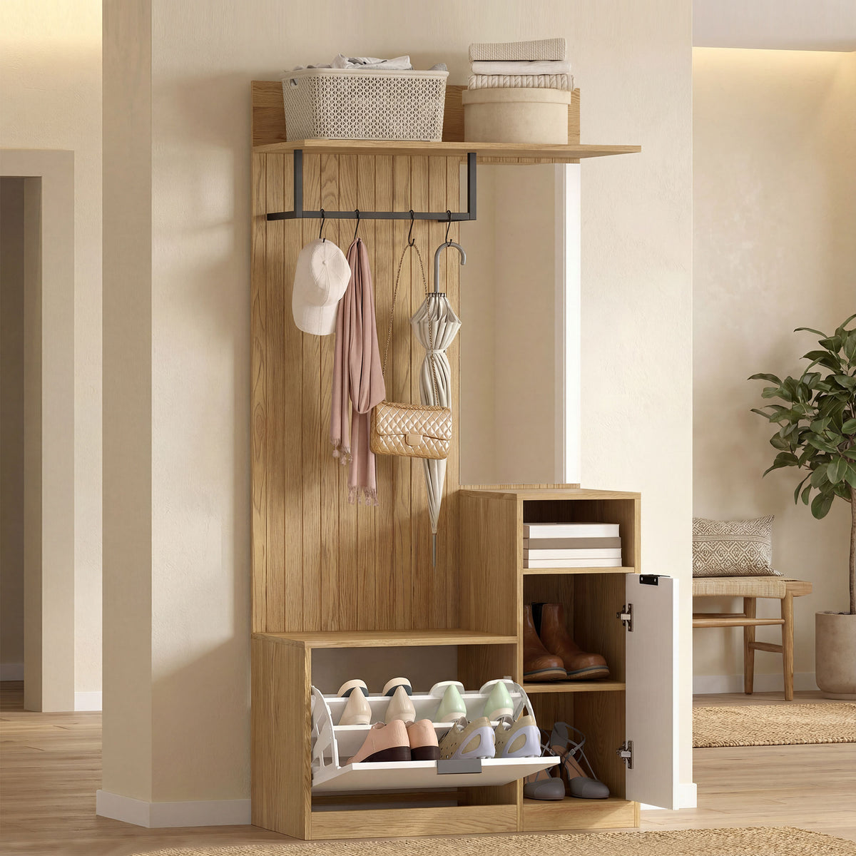 Meuble d'entrée 6 en 1, vestiaire d'entrée avec banc à chaussures rabattable, miroir, 80x36x168cm, chêne-1