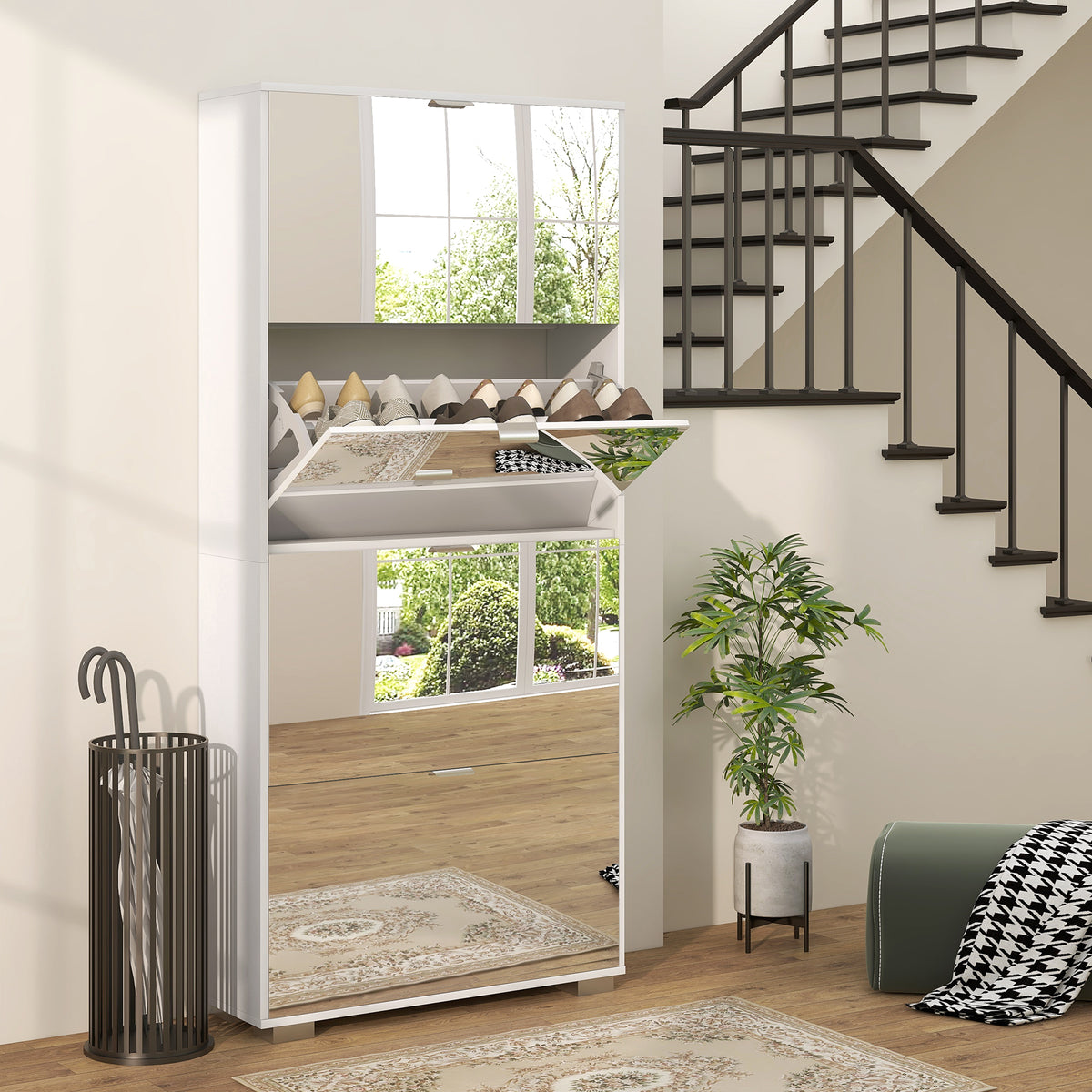 Meuble à chaussures 2 en 1 façades miroir 4 portes abattants, étagères réglables, jusqu'à 24 paires, 76l x 26P x 168H cm-1