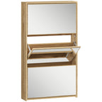 Meuble à chaussures 9 paires, armoire à chaussures étroite, 3 tiroirs rabattables portes miroirs, 65x17x114,5cm naturel-0