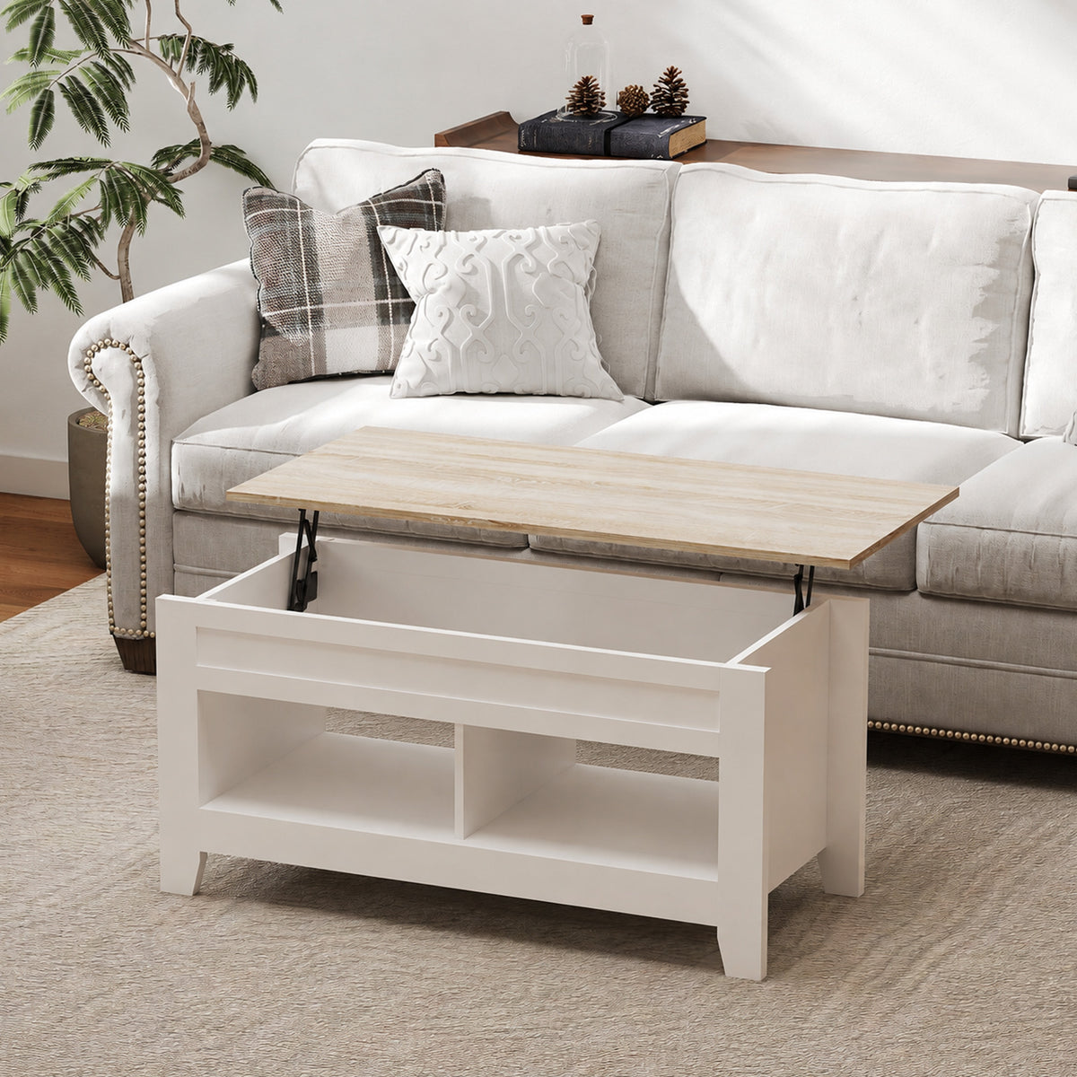 Table basse plateau relevable, table de salon avec étagères et compartiment caché,105 x 50 x 49-62,5 cm blanc-1