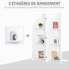 Paravent Intérieur en Bois 4 Panneaux 160 x 170 cm, Séparateur de Pièce Pliable avec 3 Étagères, Cloison de Séparation pour Salon, Chambre à Coucher, Maison, Blanc-3