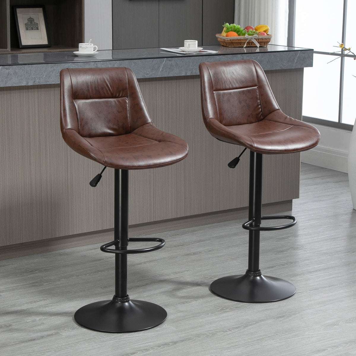 Lot de 2 tabourets de Bar Vintage réglable pivotant avec Repose-Pied revêtement synthétique Marron Effet Vieilli-1