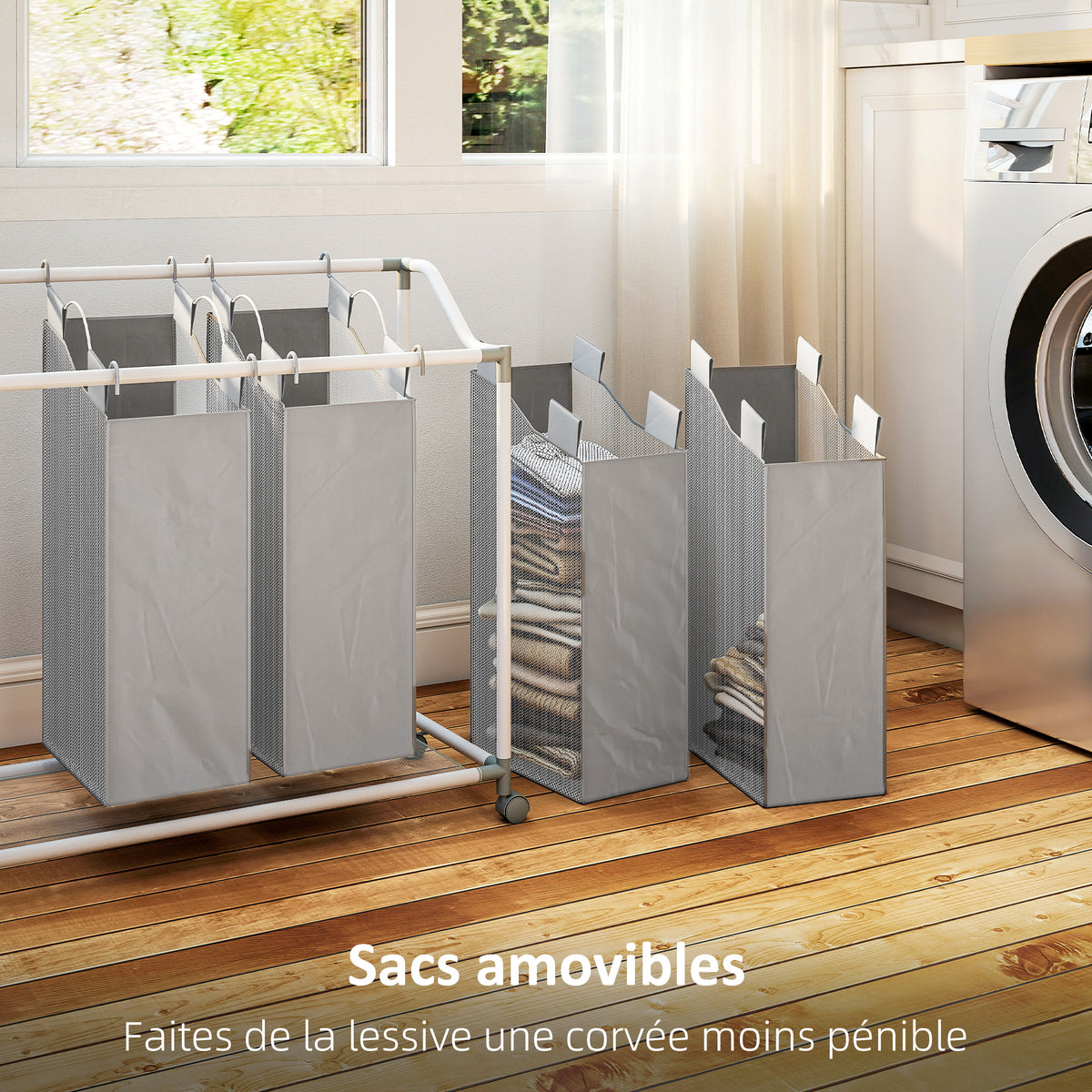 Panier à linge mobile, chariot linge sale, corbeille à roulettes avec 4 sacs amovibles, 4 x 40L, 97 x 38 x 81 cm, gris-4