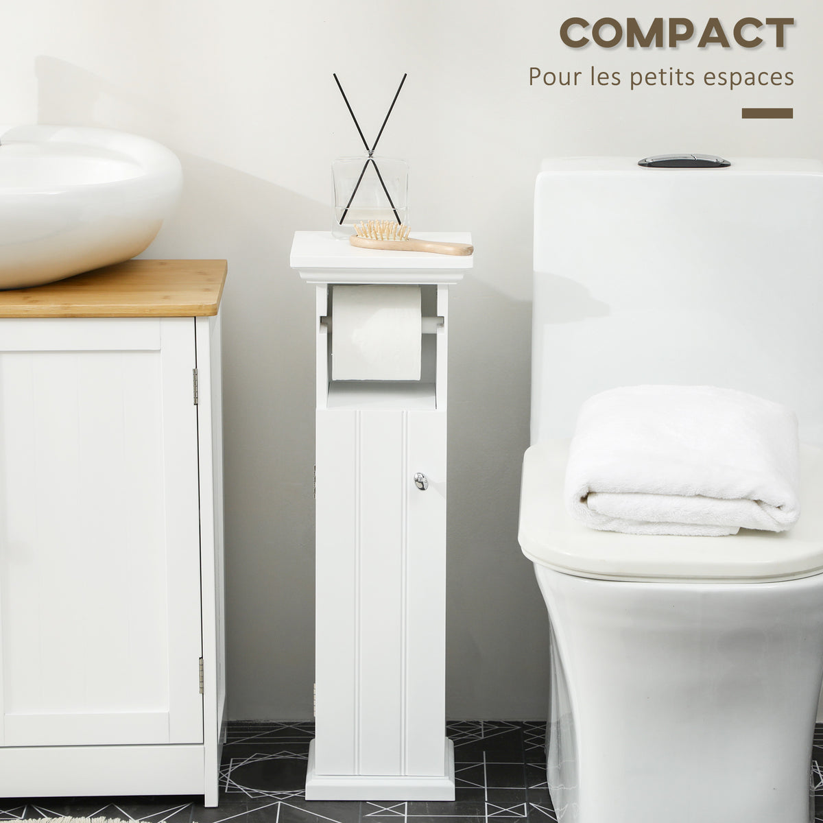 Meuble de salle de bain support papier toilette avec placard et sortie papier en bois blanc-5