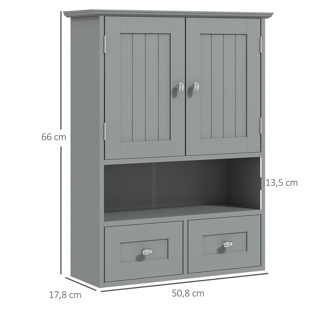 Armoire murale de salle de bain, armoire de toilette, avec portes, étagère, 2 tiroirs, 50,8l x 17,8P x 66H cm, gris-2