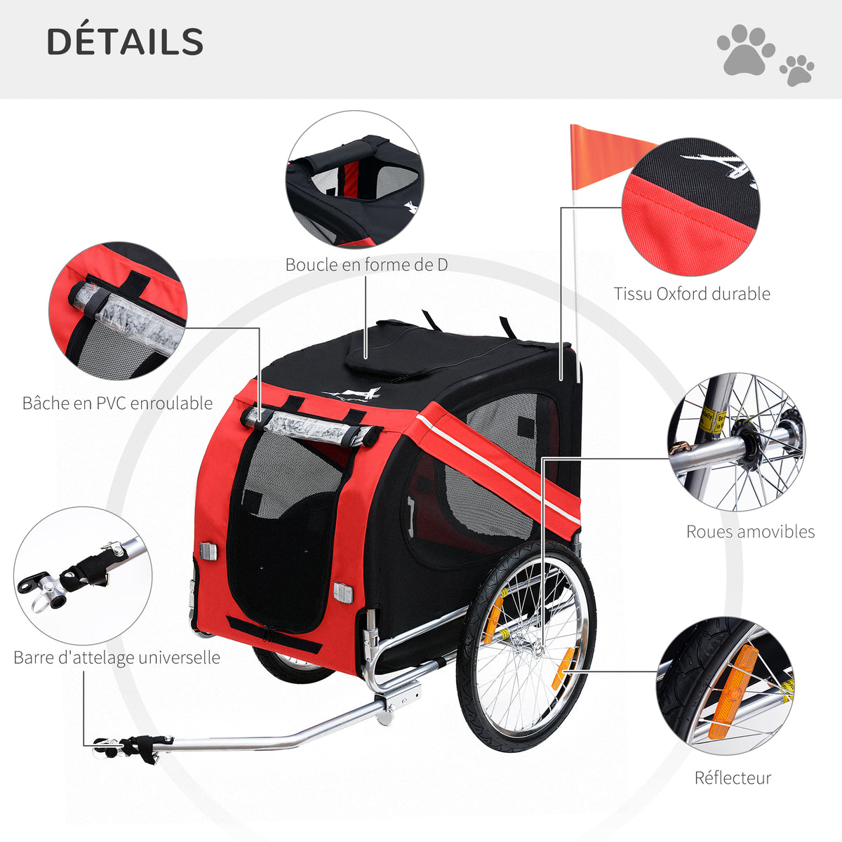 Remorque vélo pour Chien Animaux 8 réflecteurs Drapeau Barre attelage Inclus Acier Polyester imperméable Max. 30 Kg 130L x 73l x 90H cm Rouge-3