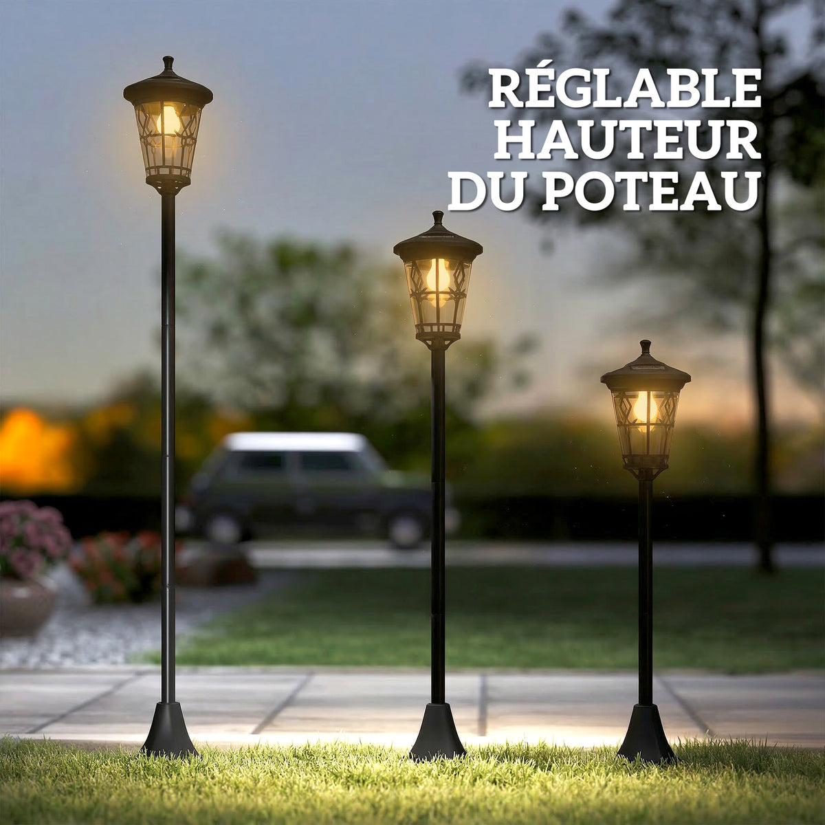 Lot de 2 Lampadaires Solaires 1,86 m pour Jardin, Lampes de Rue en Acier Inoxydable à Hauteur Réglable Noir-7