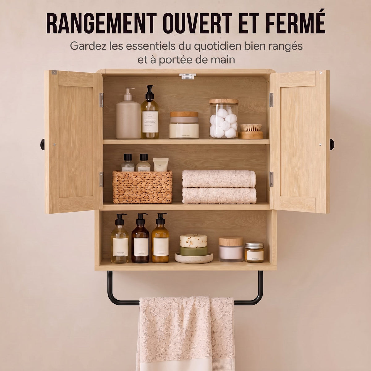 Armoire murale de salle de bain, meuble de rangement suspendu avec 2 portes, étagère ouverte, porte-serviettes, chêne-3