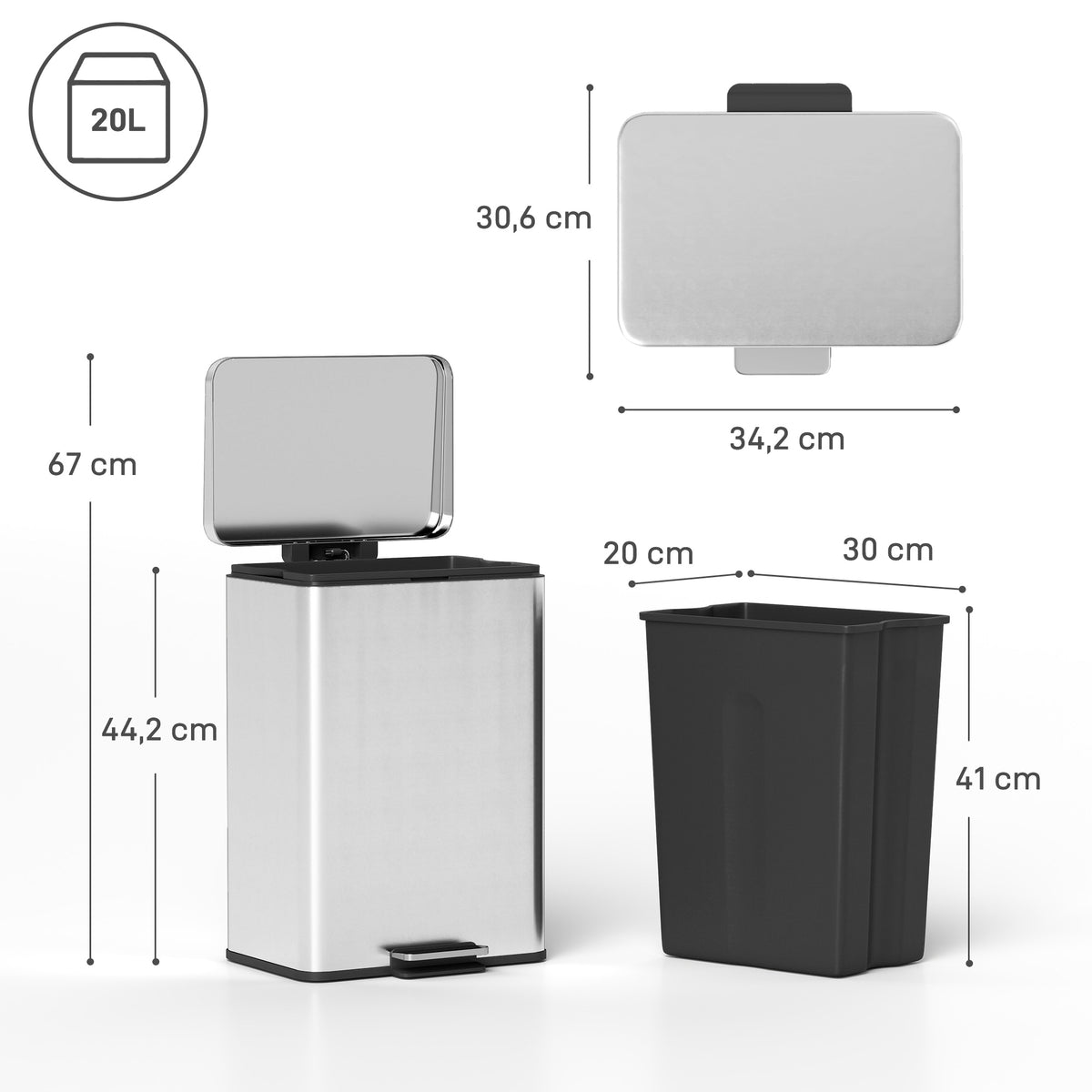 Poubelle de Cuisine 20 L en Acier Inoxydable, Poubelle avec Pédale, Couvercle à Fermeture Douce, Argenté-2