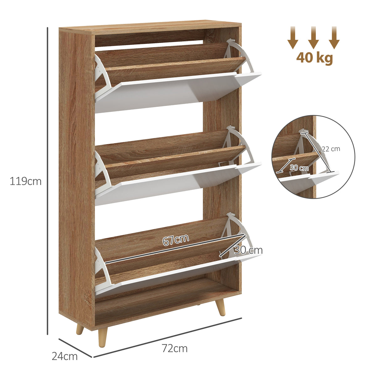 Meuble à chaussures 3 abattants avec étagère réglable, 72L x 24P x 119H cm, naturel et blanc-2