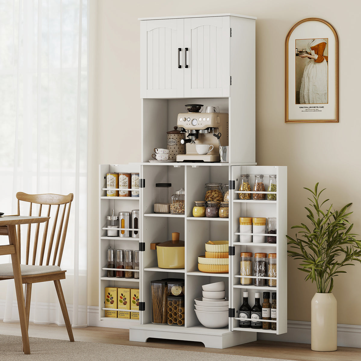 Buffet haut cuisine armoire de cuisine, 4 portes plan de travail 8 porte-épices étagères réglables 60x40x181,5cm blanc-7
