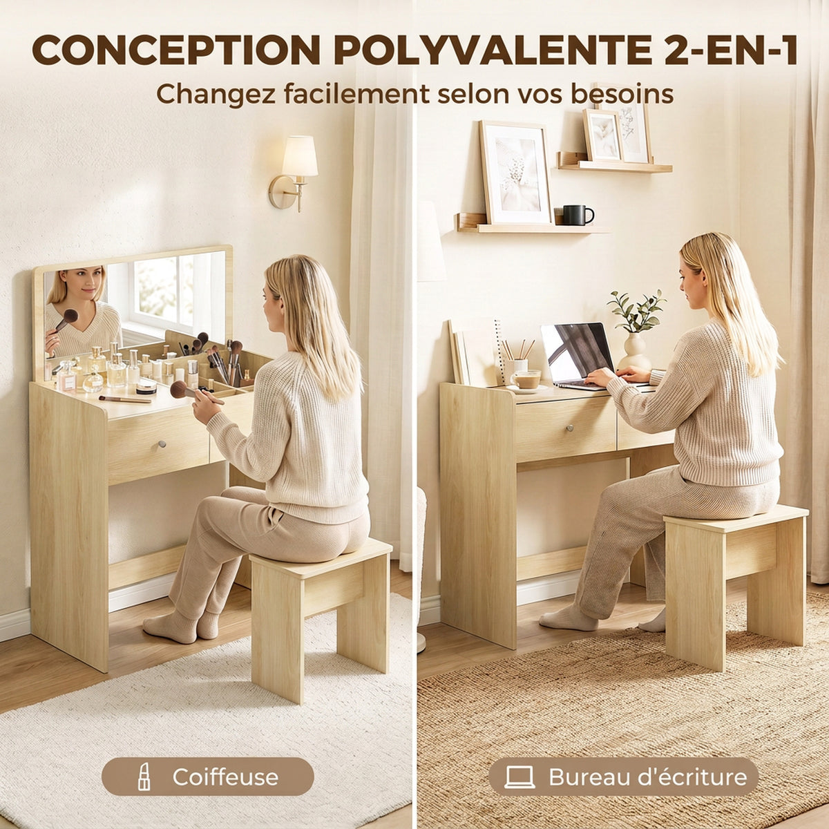 Coiffeuse Bureau 2 en 1 avec Miroir Rabattable et Tabouret, Table de Maquillage avec Tiroir et 6 Compartiments, Chêne-3
