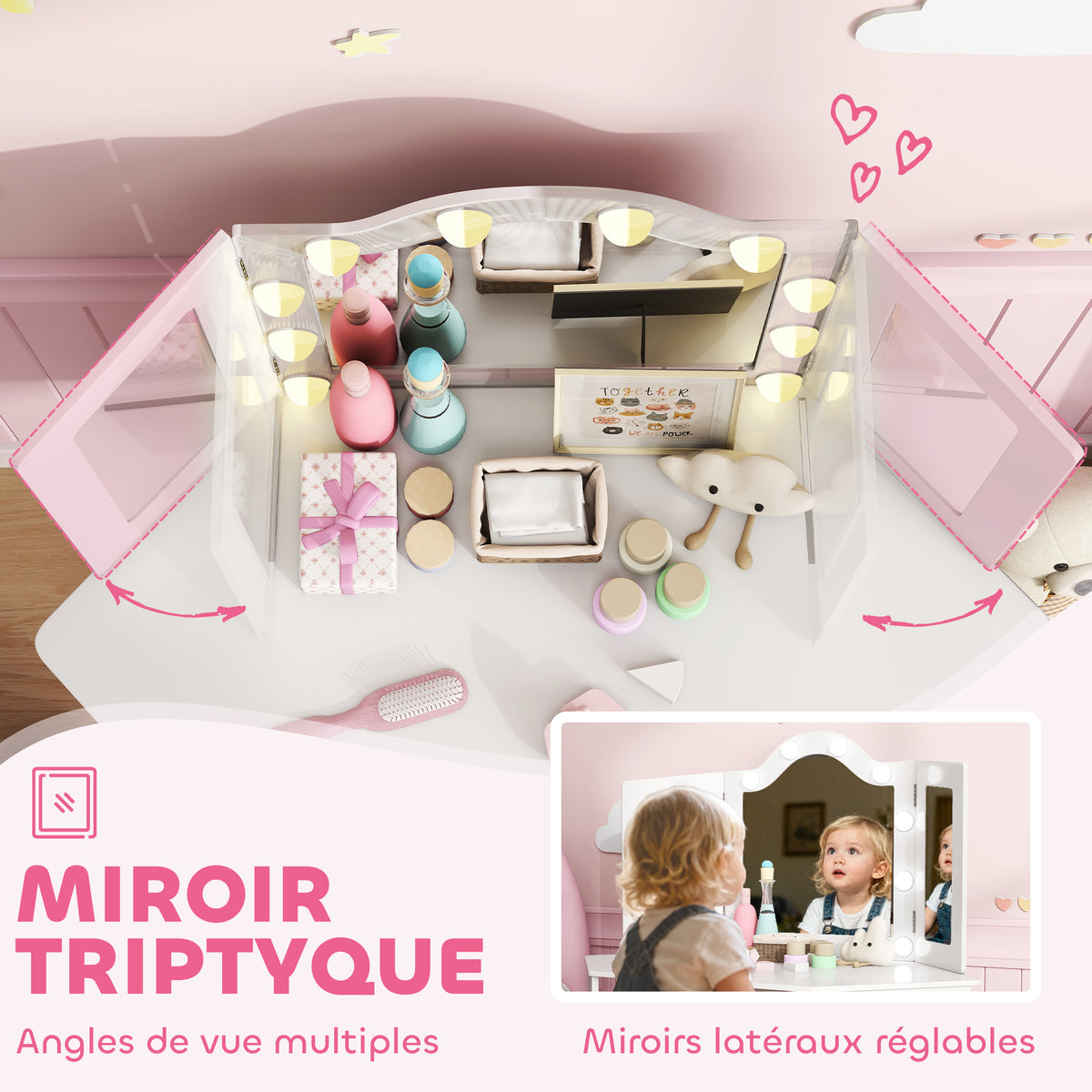 Coiffeuse enfant 2 en 1 avec tabouret miroir triptyque et lumières LED bicolores 93,6 x 48,5 x 111,5 cm blanc-5